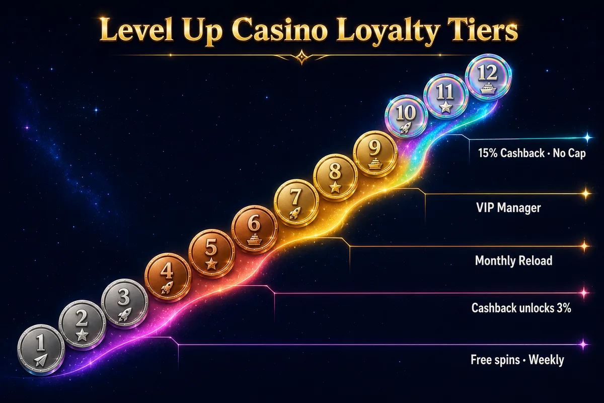 Level Up Casino 12-tier loyalty programme, silver tiers 1-3, bronze tiers 4-6 (cashback unlocks at 3%), gold tiers 7-9 (monthly reload and VIP manager unlock), holographic tiers 10-12 culminating in 15% cashback with no cap.