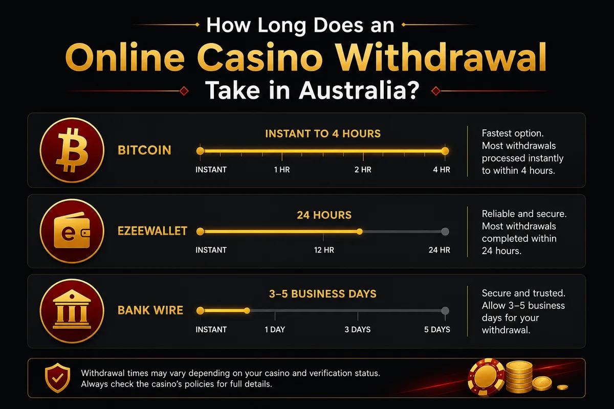 Level Up Casino withdrawal times by method: Bitcoin instant to 4 hours, eZeeWallet 24 hours, bank wire 3 to 5 business days. Australian online casino withdrawal speed comparison.